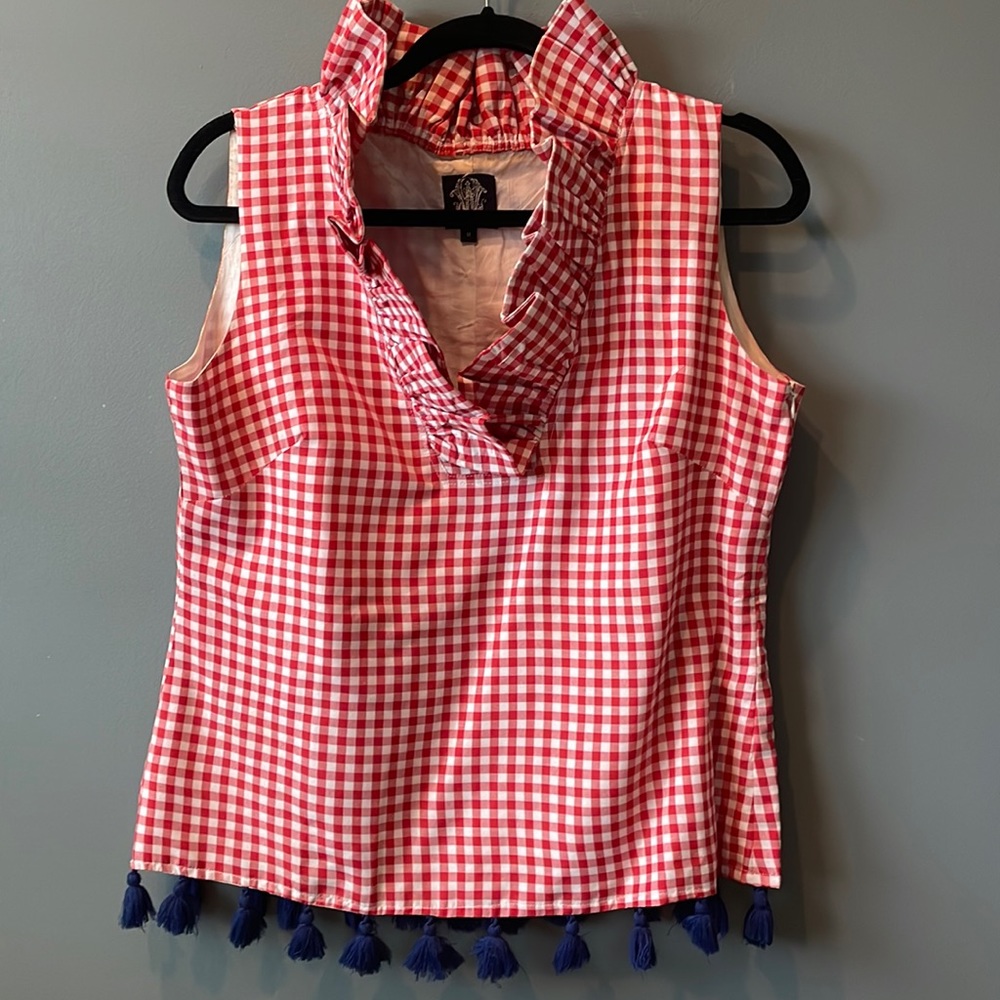 Elizabeth Wilson ruffle neck top with tassels.  Size medium.